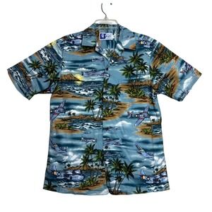 RJC Hawaiian Shirt Mens Medium Blue WWII Military Aviation Plane Tropical Cotton